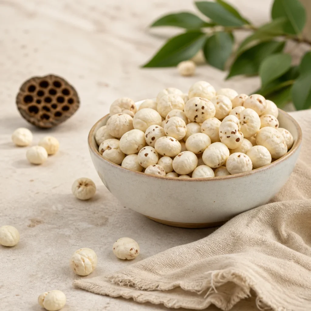 Raw makhana in a ceramic serving bowl